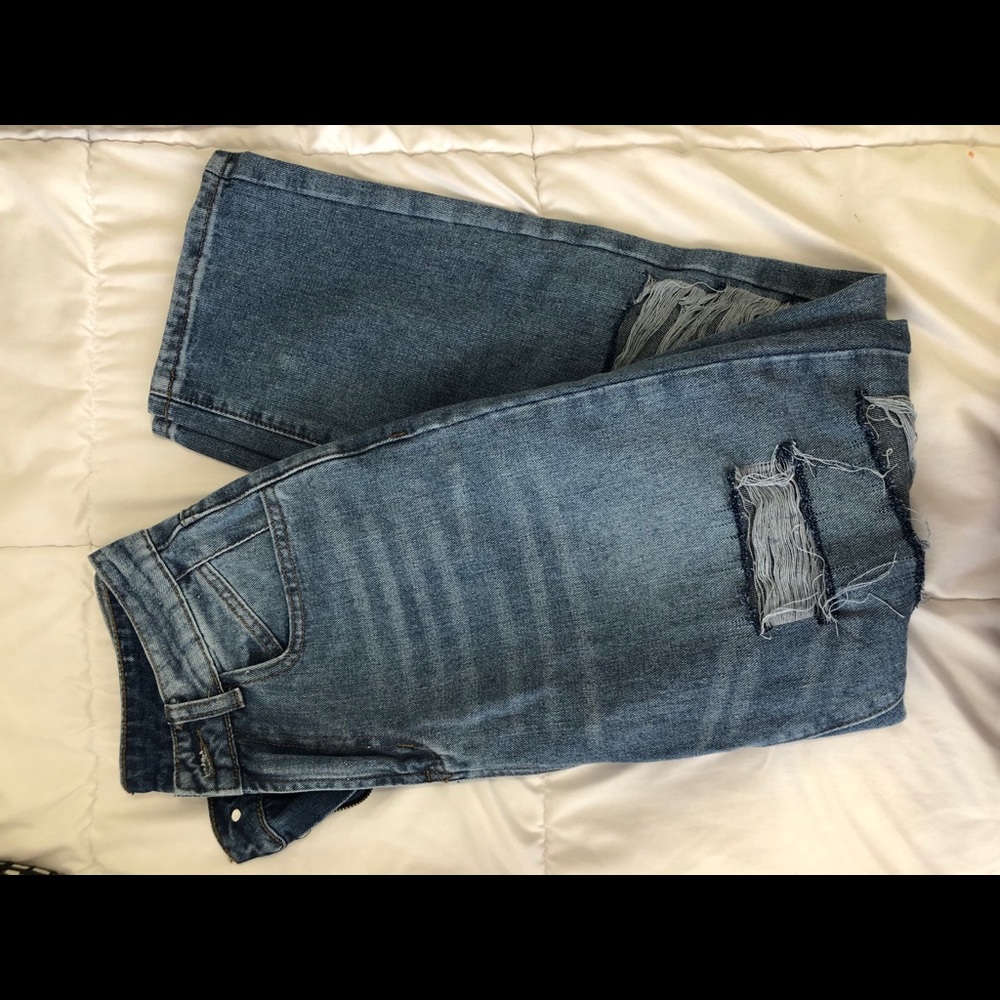 High waisted distressed mom jeans